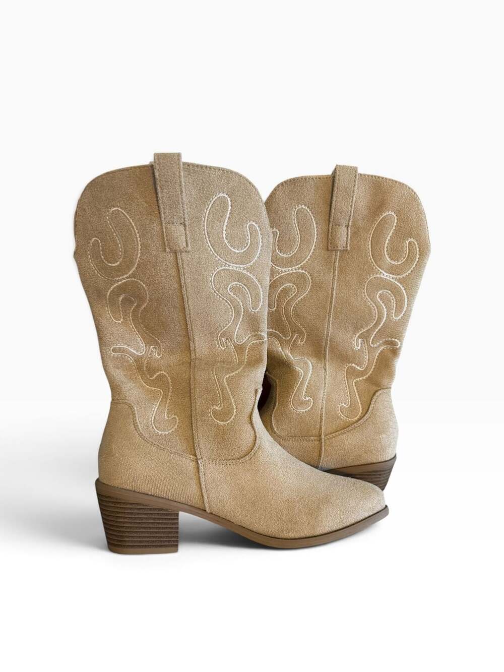 Tan Faux Suede Embroidered Mid Calf Western Cowboy Boots Size 39